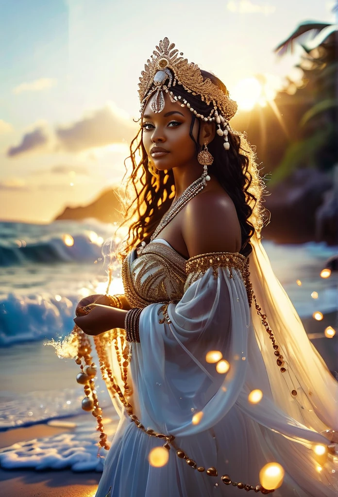 (((Goddess OXUM )))on a BEACH with SHELLS STARS OF THE SEA a bright light, Sorceress, beautiful female sorceress, (( OXUM UHD ))) With a beautiful crown of shells and pearls, ruffles+ribbons+detailed in tone , It should look charming and beautiful, Keep the iconic elements of the original character. Oxum must have a sensual round face with large dimensions, clear eyes, long eyelashes and rosy cheeks. Your hair should be in great black tones . Elegant like a queen : Dress up in a luxurious and elegant dress with golden pearl detailing Beauty and Vanity: Oshun is often associated with beauty, vanity and elegance, being seen as a graceful and charming figure.
Prosperity and wealth: She is the Orisha of prosperity, abundance and wealth, bringing luck and material success.Sensitivity and Intuition: Oxum has a strong connection with emotions, being very sensitive and intuitive, helping to deal with issues of the heart.. Oxum is the Orisha of fresh waters, of fertility and love in Umbanda. Represents beauty, prosperity and sensitivity. Your blessings bring harmony and balance.  She wears a veil on the shore, The character&#39;s costume is a beautiful light blue lace dress. . standing, . Magic Accessories: Add charming accessories to the chibi, shell necklaces and earrings .Be sure to add shadows, textures and details in the hair, oxum accessories, to make you even more charming and charming. Give him a smiling expression and a smile on his face, Capturing the essence of the character in a subtle way, Delicate hands,( beach scenery, deep surrealistic landscape, yemanjá and its mermaids ) 16K