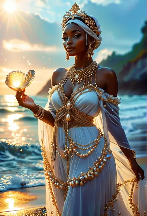 (((goddess oxum )))on a beach with shells stars of the sea a bright light, sorceress, beautiful female sorceress, (( oxum uhd ))...