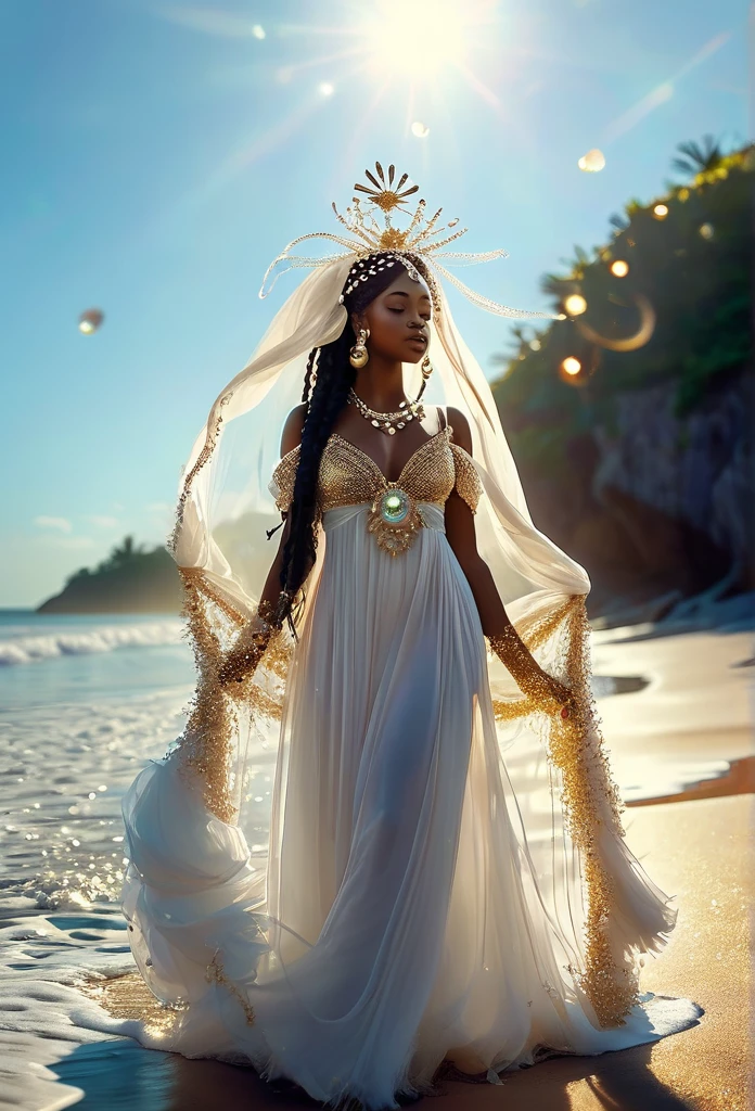 (((Goddess OXUM )))on a BEACH with SHELLS STARS OF THE SEA a bright light, Sorceress, beautiful female sorceress, (( OXUM UHD ))) With a beautiful crown of shells and pearls, ruffles+ribbons+detailed in tone , It should look charming and beautiful, Keep the iconic elements of the original character. Oxum must have a sensual round face with large dimensions, clear eyes, long eyelashes and rosy cheeks. Your hair should be in great black tones . Elegant like a queen : Dress up in a luxurious and elegant dress with golden pearl detailing Beauty and Vanity: Oshun is often associated with beauty, vanity and elegance, being seen as a graceful and charming figure.
Prosperity and wealth: She is the Orisha of prosperity, abundance and wealth, bringing luck and material success.Sensitivity and Intuition: Oxum has a strong connection with emotions, being very sensitive and intuitive, helping to deal with issues of the heart.. Oxum is the Orisha of fresh waters, of fertility and love in Umbanda. Represents beauty, prosperity and sensitivity. Your blessings bring harmony and balance.  She wears a veil on the shore, The character&#39;s costume is a beautiful light blue lace dress. . standing, . Magic Accessories: Add charming accessories to the chibi, shell necklaces and earrings .Be sure to add shadows, textures and details in the hair, oxum accessories, to make you even more charming and charming. Give him a smiling expression and a smile on his face, Capturing the essence of the character in a subtle way, Delicate hands,( beach scenery, deep surrealistic landscape, yemanjá and its mermaids ) 16K