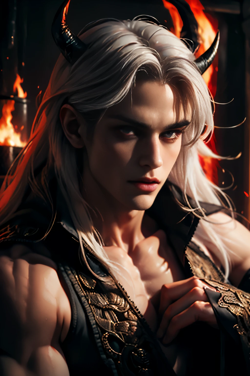 ((Best quality)), ((masterpiece)), 8k (detailed), ((perfect face)), perfect proporcions, ((halfbody)) he is a sorcerer, he is 30 years old, he dresses in a wizard's robe, gothic style, he has red eyes, he has long wavy white hair, he is in a witcher's hut, he is strong and muscular, he has the bare torso, he is a demon ((perfect face)) sexy male, gothic make up ((fullfbody)) white hair, he has demon wings, he has black horns, horns, demon, dominant, man face, ((perfect eyes)) red eyes, fire in the eyes, 