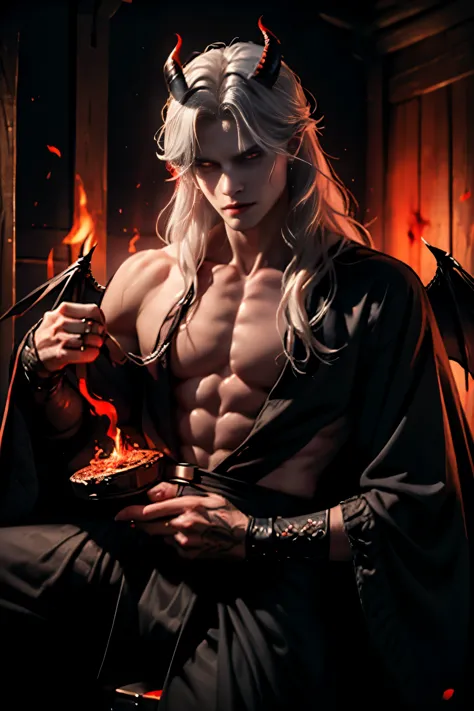 ((Best quality)), ((masterpiece)), 8k (detailed), ((perfect face)), perfect proporcions, ((halfbody)) he is a sorcerer, he is 30 years old, he dresses in a wizard's robe, gothic style, he has red eyes, he has long wavy white hair, he is in a witcher's hut, he is strong and muscular, he has the bare torso, he is a demon ((perfect face)) sexy male, gothic make up ((fullfbody)) white hair, he has demon wings, he has black horns, horns, demon, dominant, man face, ((perfect eyes)) red eyes, fire in the eyes, 