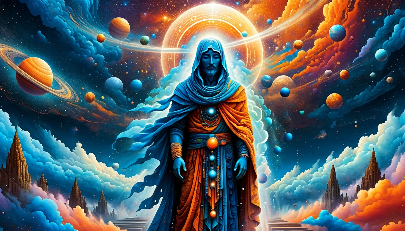 Create a woodcut style image digital art surreal art that depicts a mystical figure with divine characteristics, the figure is one chosen by the gods of spirituality,the figure is shrouded in clouds looking at the planets and ancestral signs,figure is in the middle of the crowd that looks at him with surprise and admiration, Use a vibrant color palette, including blue, oranges and whites, to create heavenly contrast and a stunning visual effect