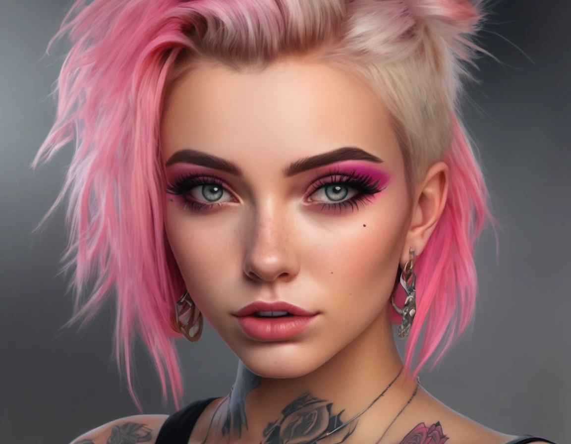 Young adult woman 22 years realistic, sexy with medium tits, modern punk style similar to harley queen, with long blonde and a little pink hair, with a broken heart tattoo on the neckline for the profile image