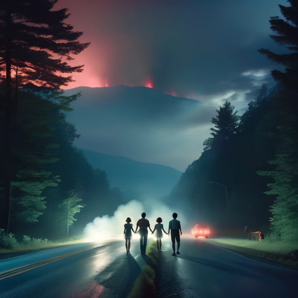 cinematic photo Gregory Crewdson Style - driving through the smoky mountains at night Gregory crewdson, a group of adults holding hands blocking the road, creepy and dark, observ giant monster style stranger things 2 poster red light glowing in the sky . 35mm photograph, film, bokeh, professional, 4k, highly detailed