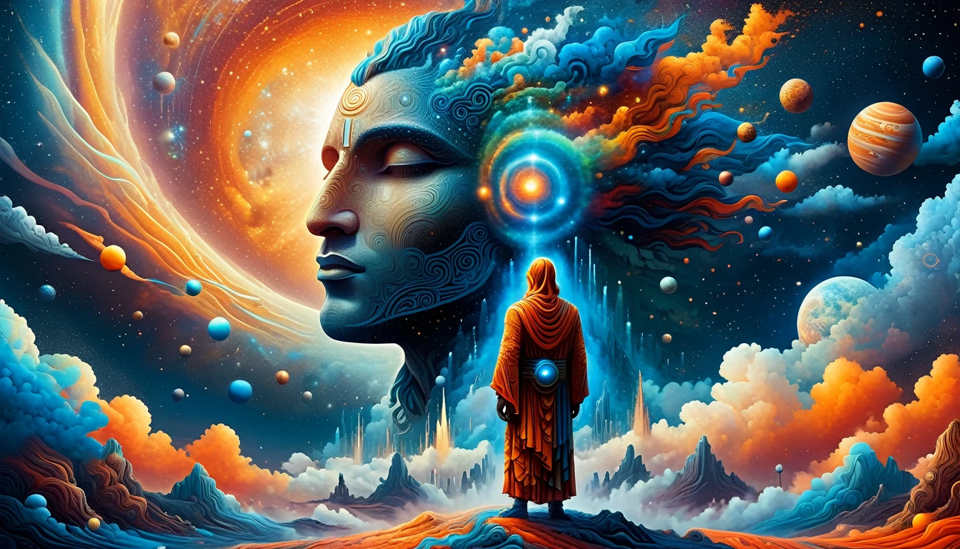 Create a woodcut style image digital art surreal art that depicts a mystical figure with divine characteristics, the figure is one chosen by the gods of spirituality,the figure is shrouded in clouds looking at the planets and ancestral signs,figure has a crowd of people around him who look at him with surprise and admiration, Use a vibrant color palette, including blue, oranges and whites, to create heavenly contrast and a stunning visual effect