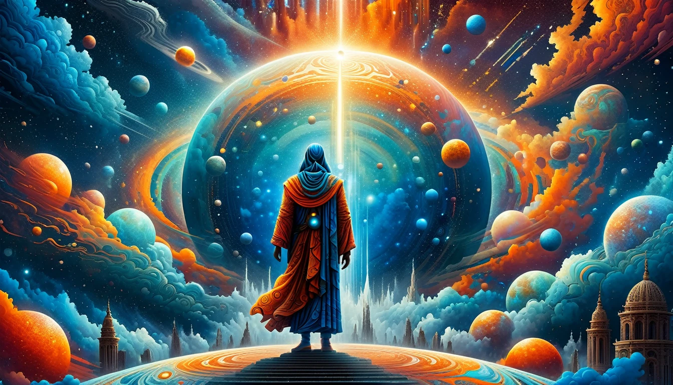 Create a woodcut style image digital art surreal art that depicts a mystical figure with divine characteristics, the figure is one chosen by the gods of spirituality,the figure is shrouded in clouds looking at the planets and ancestral signs,figure has a crowd of people around him who look at him with surprise and admiration, Use a vibrant color palette, including blue, oranges and whites, to create heavenly contrast and a stunning visual effect