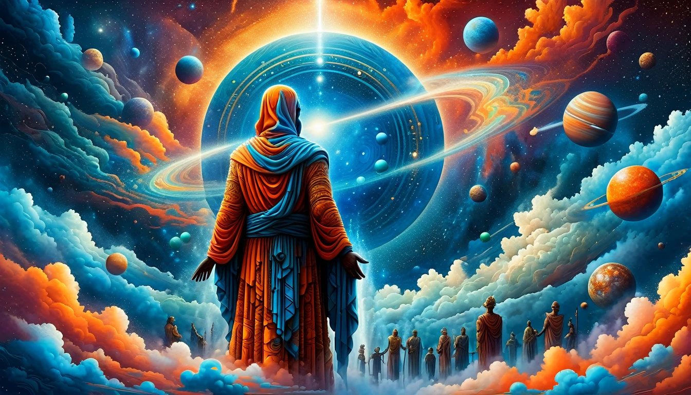 Create a woodcut style image digital art surreal art that depicts a mystical figure with divine characteristics, the figure is one chosen by the gods of spirituality,the figure is shrouded in clouds looking at the planets and ancestral signs,figure has a crowd of people around him who look at him with surprise and admiration, Use a vibrant color palette, including blue, oranges and whites, to create heavenly contrast and a stunning visual effect