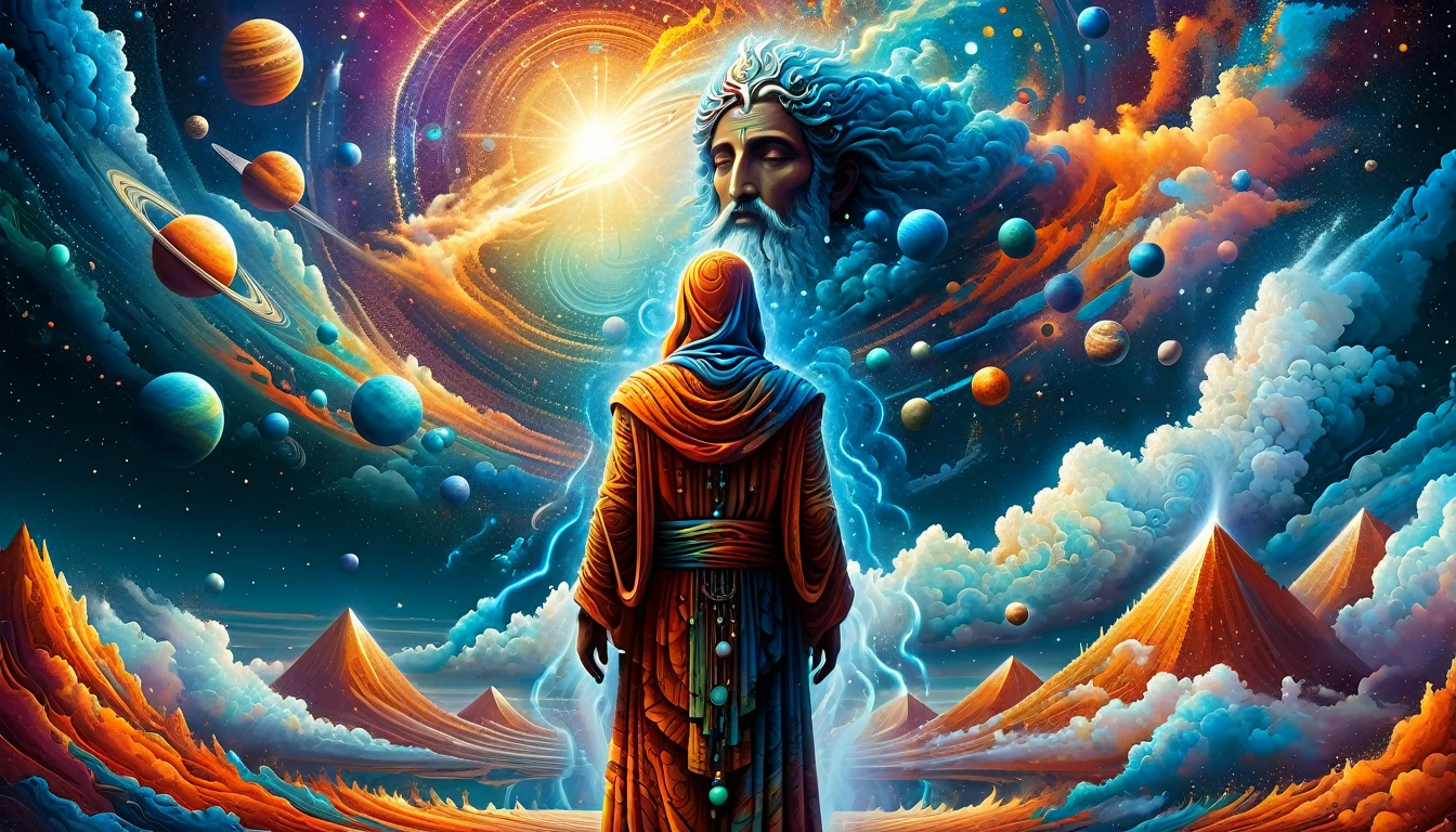 Create a woodcut style image digital art surreal art that depicts a mystical figure with divine characteristics, the figure is one chosen by the gods of spirituality,the figure is shrouded in clouds looking at the planets and ancestral signs,figure has a crowd of people around him who look at him with surprise and admiration,quantum art spread across the image,Use a vibrant color palette, including blue, oranges and whites, to create heavenly contrast and a stunning visual effect