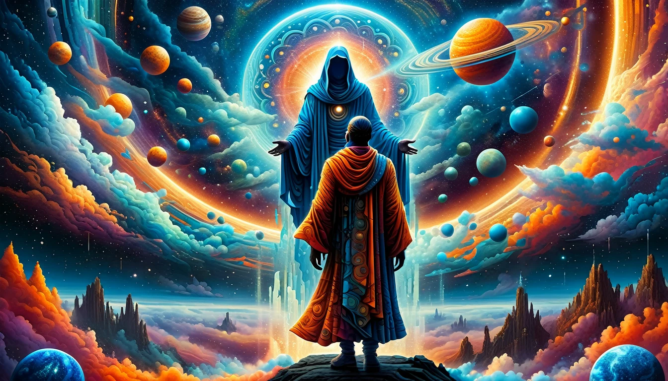 Create a woodcut style image digital art surreal art that depicts a mystical figure with divine characteristics, the figure is one chosen by the gods of spirituality,the figure is shrouded in clouds looking at the planets and ancestral signs,figure has a crowd of people around him who look at him with surprise and admiration,quantum art spread across the image,Use a vibrant color palette, including blue, oranges and whites, to create heavenly contrast and a stunning visual effect