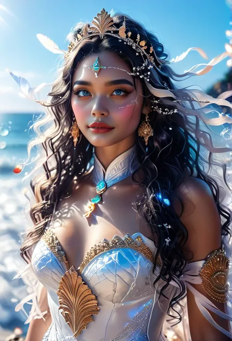 (((deusa yemanjá )))on a beach with shells stars of the sea a bright light, sorceress, beautiful female sorceress, (( oxum uhd )...