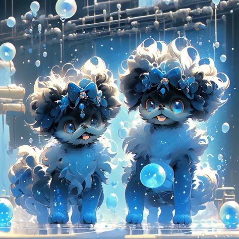 2  black Shih Tzu puppies with blue eyes, wearig goggles,  covered in shampoo bubbles, happy, playful, excited, vibrant bubbles ...