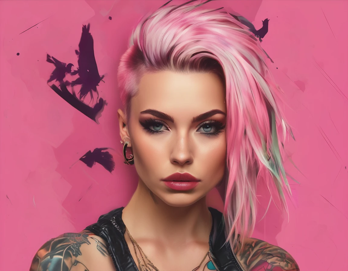 Young adult woman 22 years realistic, sexy with medium tits, modern punk style similar to harley queen, with long blonde and a little pink hair, with a broken heart tattoo on the neckline for the profile image