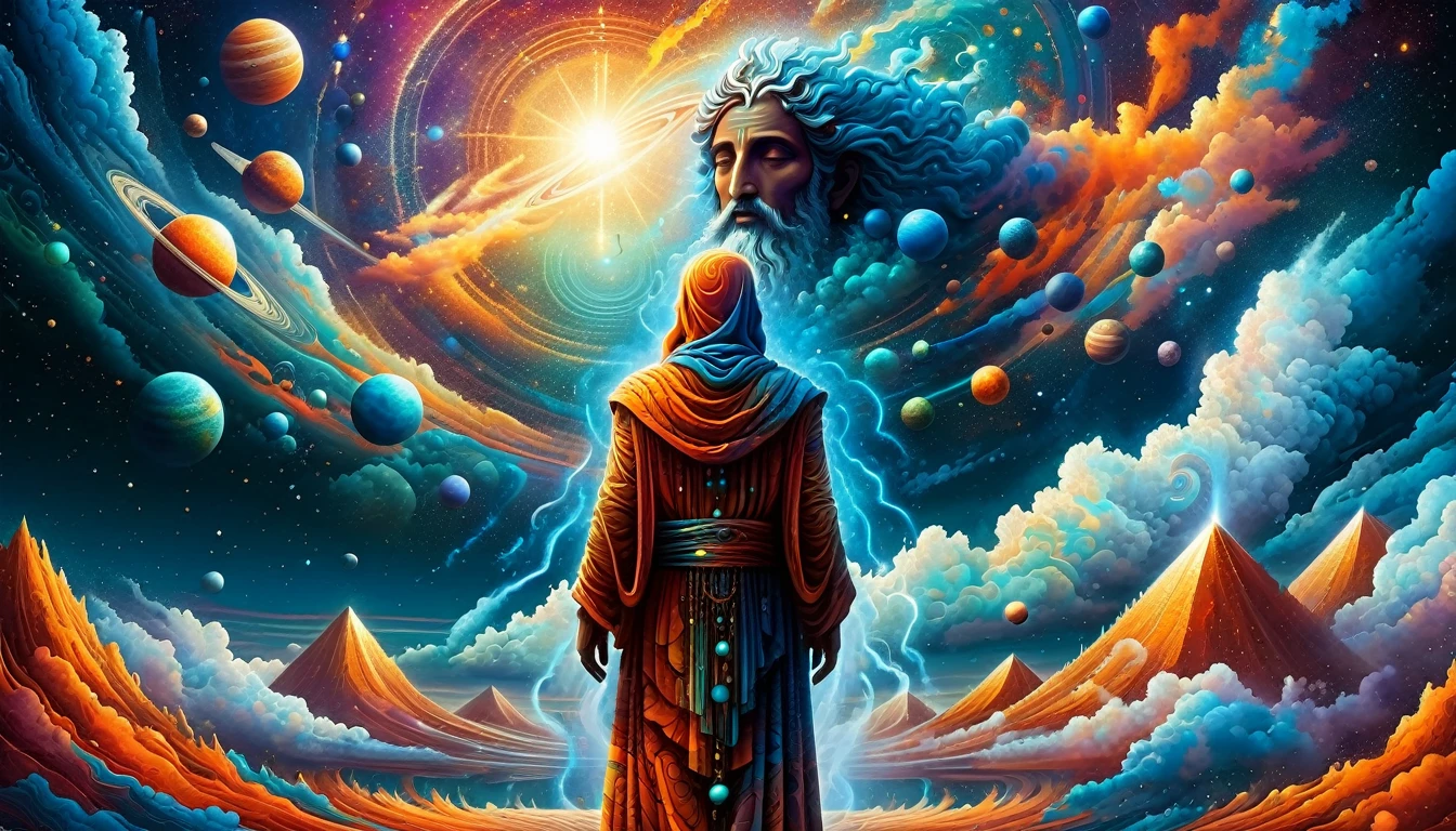 Create a woodcut style image digital art surreal art that depicts a mystical figure with divine characteristics, the figure is one chosen by the gods of spirituality,the figure is shrouded in clouds looking at the planets and ancestral signs,figure has a crowd of people around him who look at him with surprise and admiration,quantum art spread across the image,Use a vibrant color palette, including blue, oranges and whites, to create heavenly contrast and a stunning visual effect