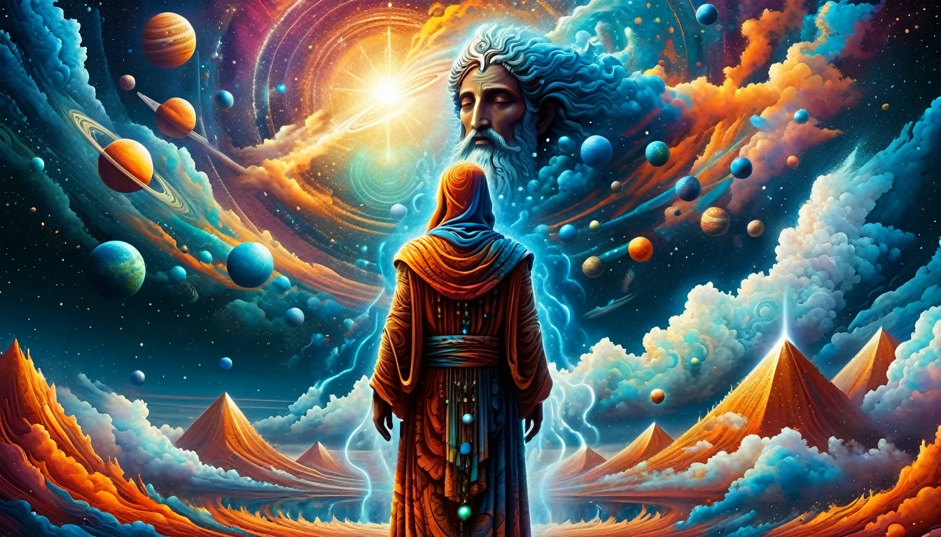 Create a woodcut style image digital art surreal art that depicts a mystical figure with divine characteristics, the figure is one chosen by the gods of spirituality,the figure is shrouded in clouds looking at the planets and ancestral signs,figure has a crowd of people around him who look at him with surprise and admiration,quantum art spread across the image,Use a vibrant color palette, including blue, oranges and whites, to create heavenly contrast and a stunning visual effect