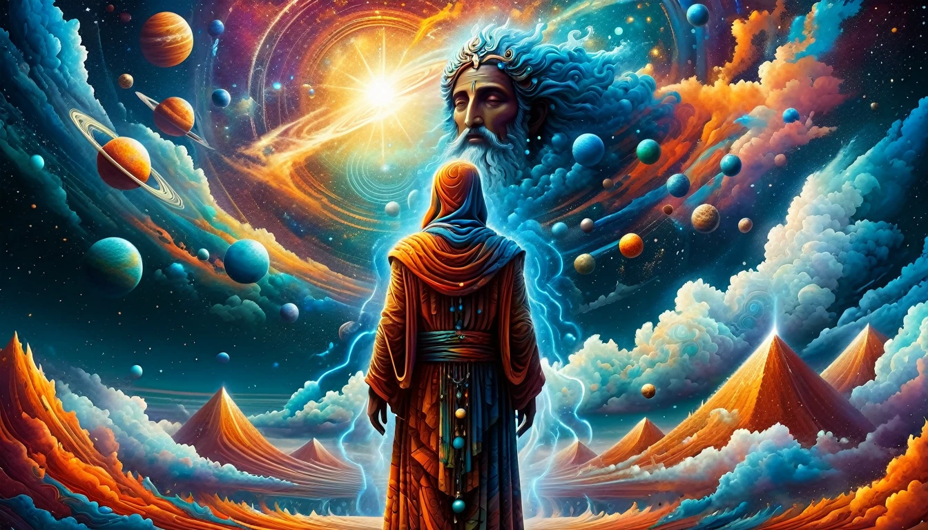 Create a woodcut style image digital art surreal art that depicts a mystical figure with divine characteristics, the figure is one chosen by the gods of spirituality,the figure is shrouded in clouds looking at the planets and ancestral signs,figure has a crowd of people around him who look at him with surprise and admiration,quantum art spread across the image,Use a vibrant color palette, including blue, oranges and whites, to create heavenly contrast and a stunning visual effect