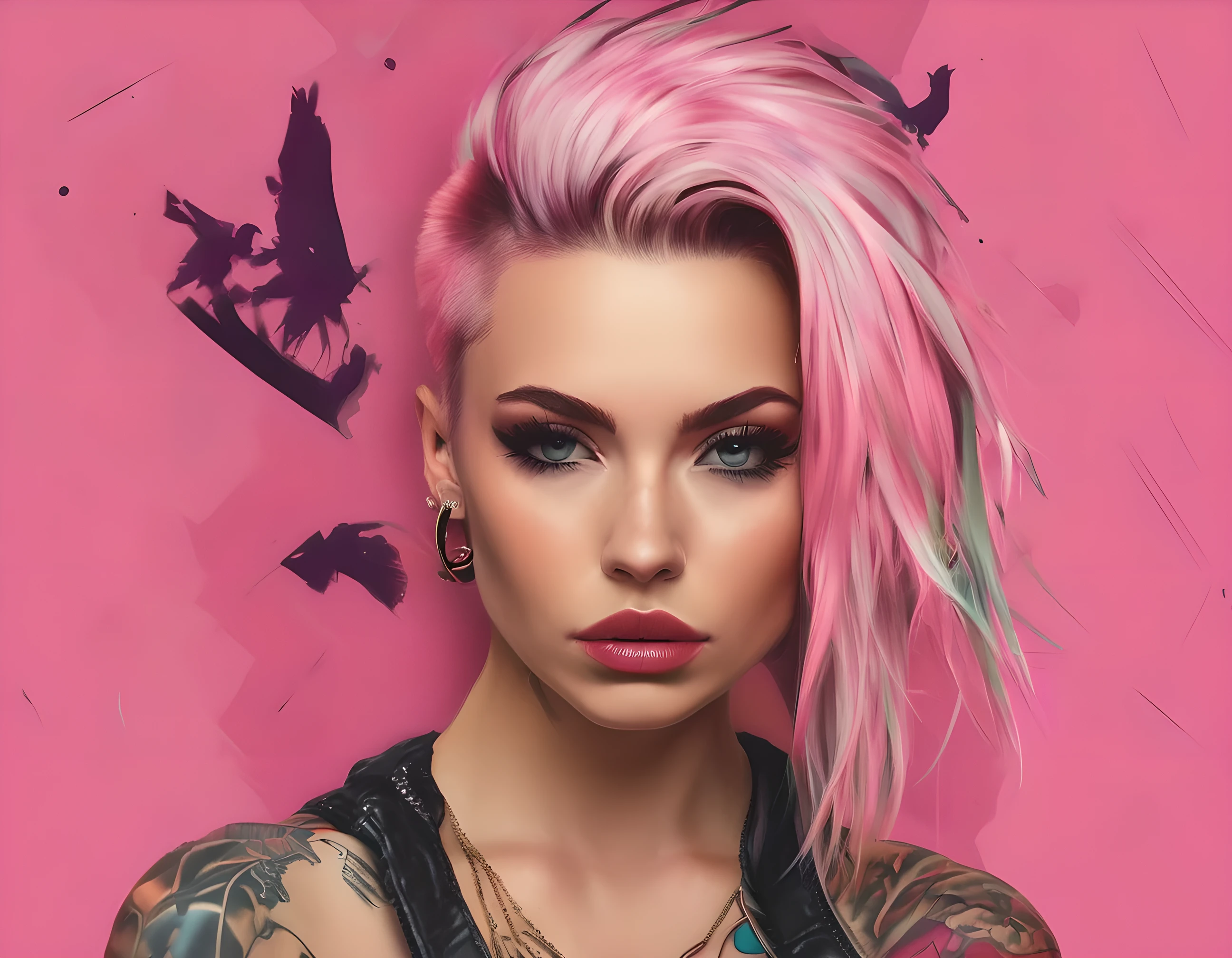 Young adult woman 22 years realistic, sexy with medium tits, modern punk style similar to harley queen, with long blonde and a little pink hair, with a broken heart tattoo on the neckline for the profile image