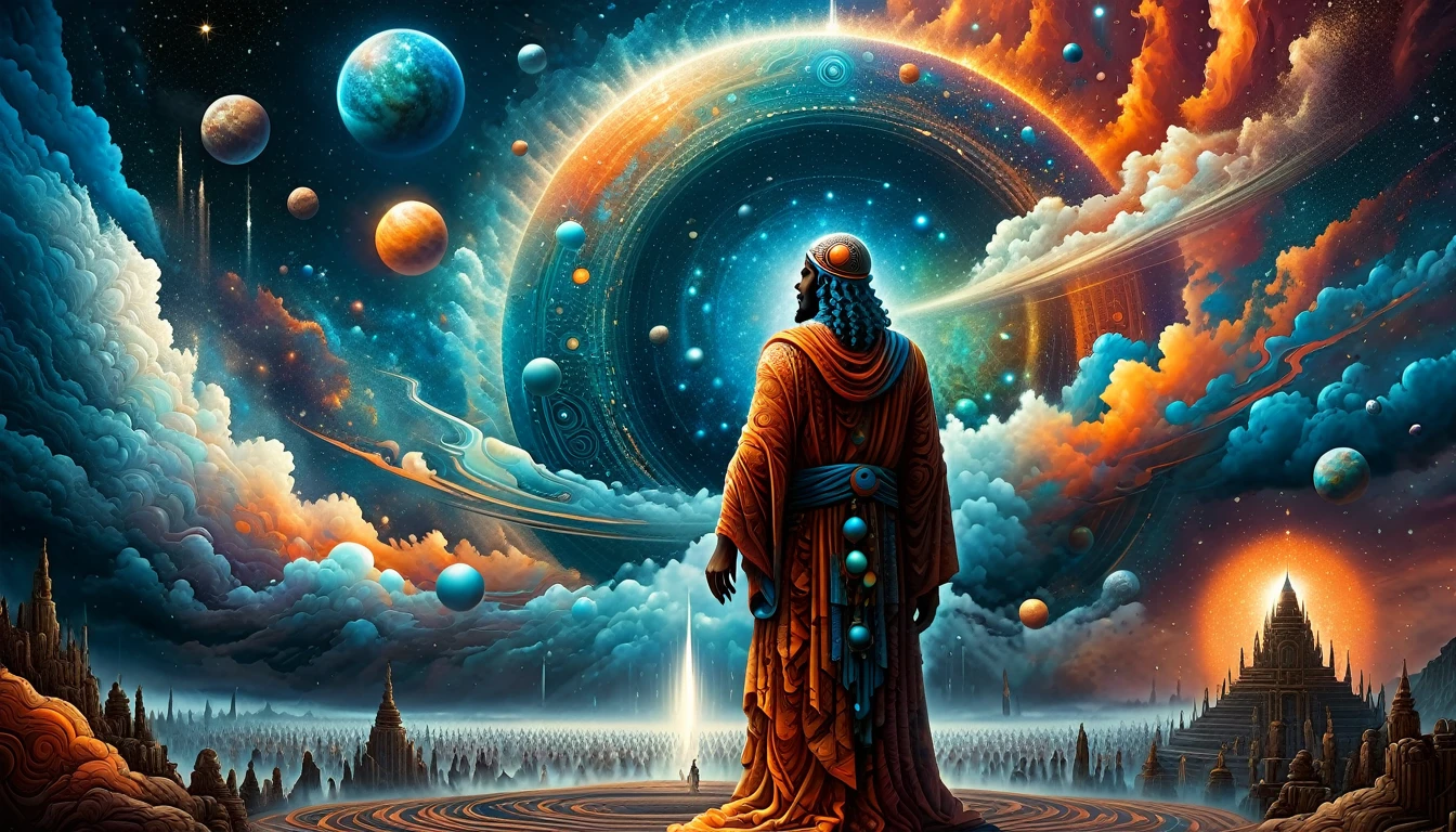 Create a woodcut style image digital art surreal art that depicts a mystical figure with divine characteristics, the figure is one chosen by the gods of spirituality who see themselves looking at the figure,the figure is shrouded in clouds looking at the planets and ancestral signs,figure has a crowd of people around him who look at him with surprise and admiration,quantum art spread across the image,Use a vibrant color palette, including blue, oranges and whites, to create heavenly contrast and a stunning visual effect