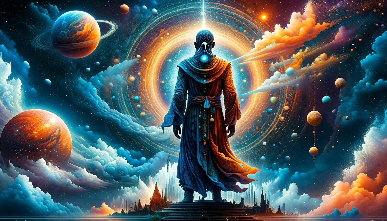 Create a woodcut style image digital art surreal art that depicts a mystical figure with divine characteristics,use quantum and ancestral effects, the figure is one chosen by the gods of spirituality who see themselves looking at the figure,the figure is shrouded in clouds looking at the planets and ancestral signs,figure has a crowd of people around him who look at him with surprise and admiration,quantum art spread across the image,Use a vibrant color palette, including blue, oranges and whites, to create heavenly contrast and a stunning visual effect