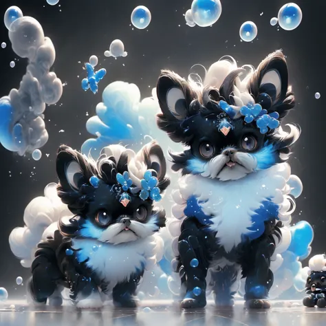 2  black Shih Tzu puppies with blue eyes, wearig goggles,  covered in shampoo bubbles, happy, playful, excited, vibrant bubbles ...