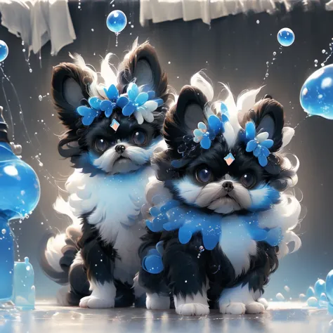 2  black Shih Tzu puppies with blue eyes, wearig goggles,  covered in shampoo bubbles, happy, playful, excited, vibrant bubbles ...