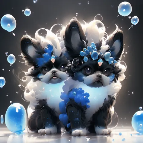 2  black Shih Tzu puppies with blue eyes, wearig goggles,  covered in shampoo bubbles, happy, playful, excited, vibrant bubbles ...