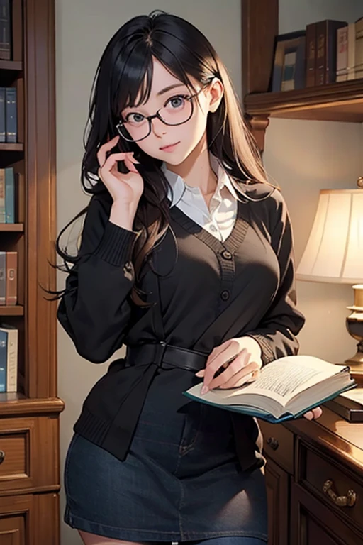 Highest quality、masterpiece、High sensitivity、High resolution、Detailed Description、Slender women、Glasses、library、From the bookshelf、Find a book、