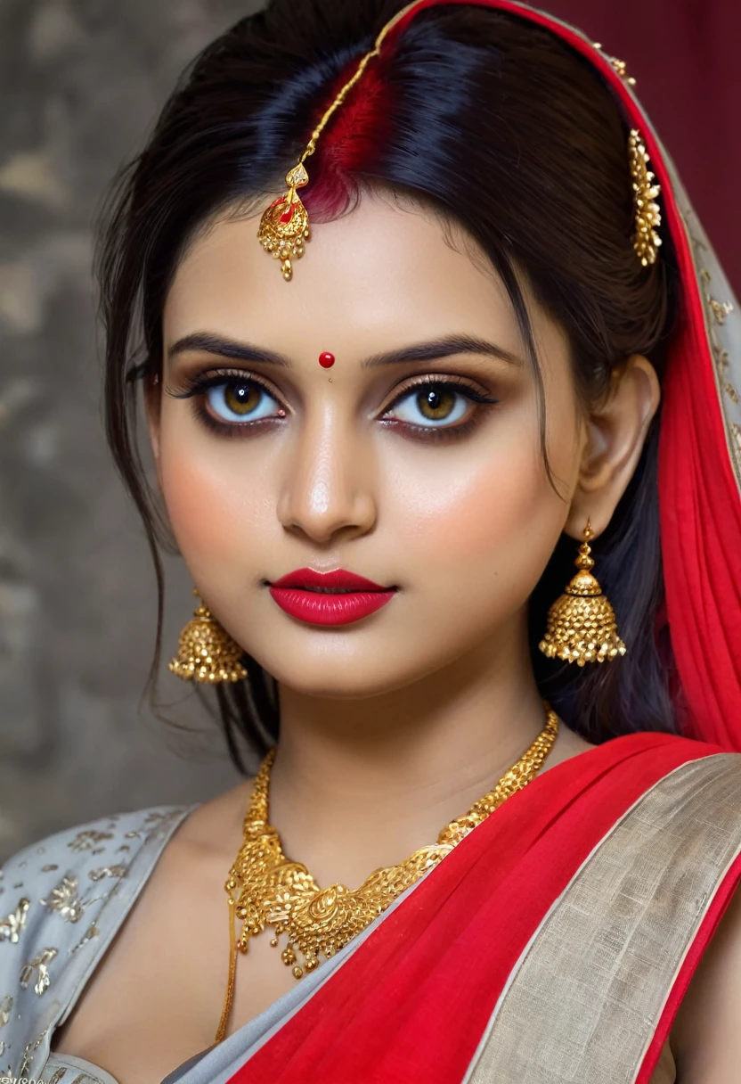 perfect pink eyes, fantastic face, Indian, beautiful look, ((red lips, bright eyes, curve heir 1.5)), ((beautiful details very big breast )), (Straight round and ultra huge clevage, not sagging breast), A glorious gorgeous, glorious gorgeous face, pretty face, bright eyes, detailed elegant printed red saree, updo elegant hair, blurred gray tones background, ultra focus, face ilumined, face detailed, 8k resolution, painted, dry brush, brush strokes, razumov style and garmash style, by Tokaito,  ((Full Open ))