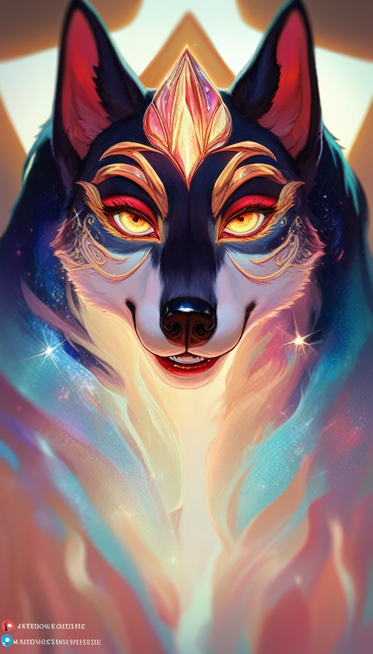 Picture a wolf goddess, rendered in exquisitely hyperrealistic anime style. Her intricately detailed black fur is adorned with cosmic patterns, shimmering with an otherworldly allure. Her striking red lips glisten, contrasting against her fair, flawless skin. Her eyes, like twin galaxies, shine with a soft, ethereal glow, captivating the viewer with their galactic depth. The planet Earth rests gently in her outstretched hands, the goddess's aura enveloping it in an otherworldly embrace. Every detail of the terrestrial sphere is brought to razor-sharp relief by the lighting techniques, from the towering