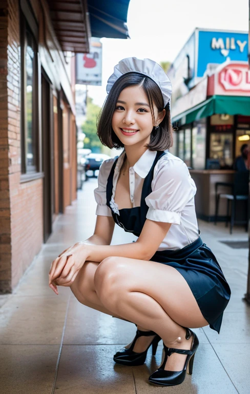 (An intellectual & beautiful A.I. assistant with a sky-blue maid outfit, arriving at Hill Valley in AD1955, squatting outside Lou's Cafe, ready to assist Marty Mcfly. She has a friendly body language, kind smile, positive vibes, full body shot, bokeh background, wearing high heels, cross necklance, short bob hair, squatting pose, family-friendly masterpiece, (best quality,4k,8k,highres,masterpiece:1.2),ultra-detailed,(realistic,photorealistic,photo-realistic:1.37),detailed facial features,beautiful detailed eyes,beautiful detailed lips,extremely detailed face,longeyelashes,maid uniform,maid cafe interior,studio lighting,vivid colors,warm lighting) #CiciAi #BTTF #DeLorean #TimeMachine