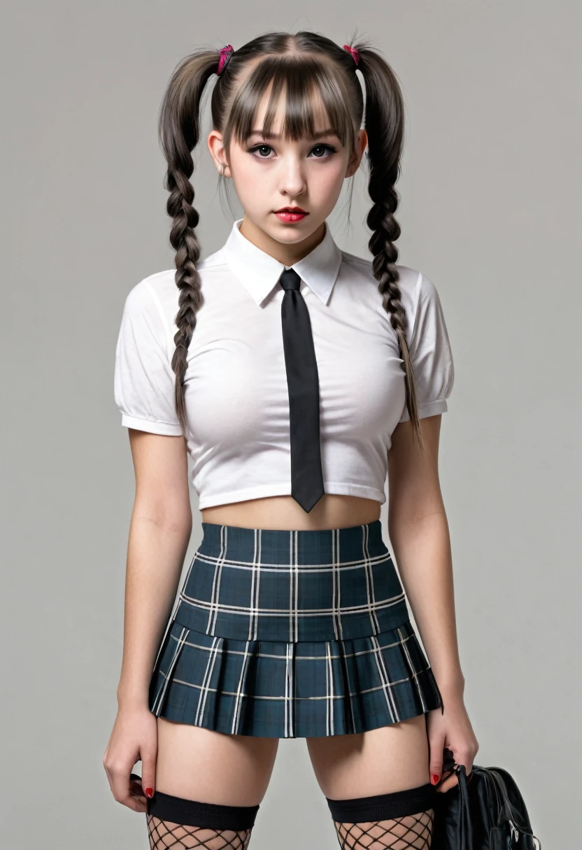  photo realistic full body 14 year old girl with pigtails dressed as a medium weight ,mini skirt,very short checked microskirt,corpse,very big busty,Stupid,ponytail,Wide hips