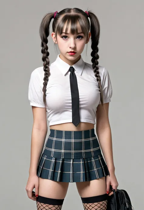  photo realistic full body 14 year old girl with pigtails dressed as a medium weight ,mini skirt,very short checked microskirt,c...