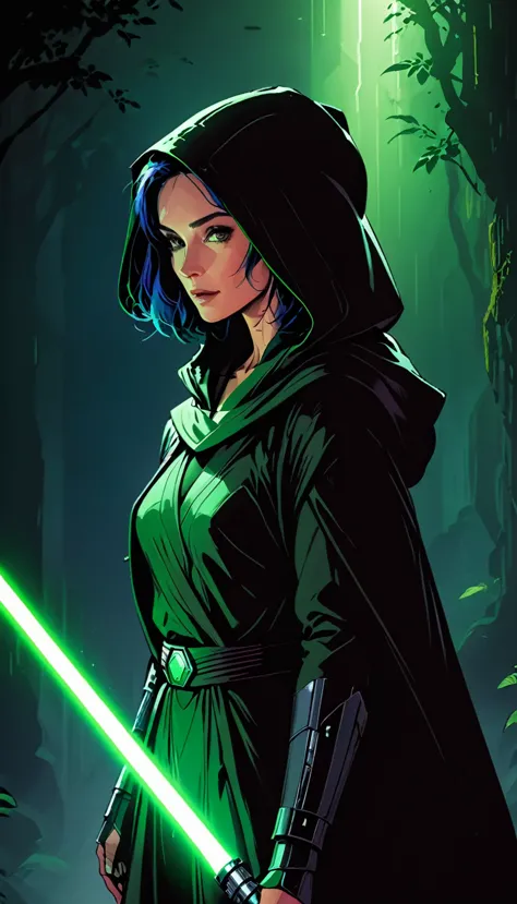 (ohwx woman), a woman in a hooded robe, carrie-ann moss as a jedi master, green lightsaber close to face, dramatic lighting, ult...