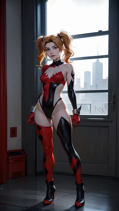 ((full body photo, standing, feet on the floor))  harley quinn, sexy woman,dc comics,small,harlequin costume, red and black, dre...