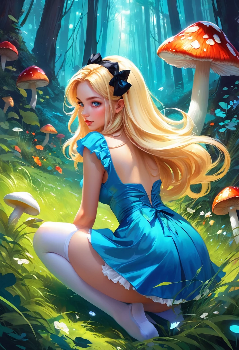 une belle femme blonde de 20 ans avec de gros cheveux en désordre dans une robe bleue, bas blancs, bandeau noir, clivage, se pencher pour attraper un champignon brillant sur le sol herbeux de la forêt, coup de dos, butin, style artistique fantastique, rossdraws dessin animé dynamique, Alice X. Zhang, Alice au pays des merveilles cyberpunk, joli art numérique détaillé, colorfull Art fantastique numérique, Art fantastique numérique ), peinture numérique brillante, rossdraws pastel vibrant, rossdessine 2. 5, rossdessine 1. 0