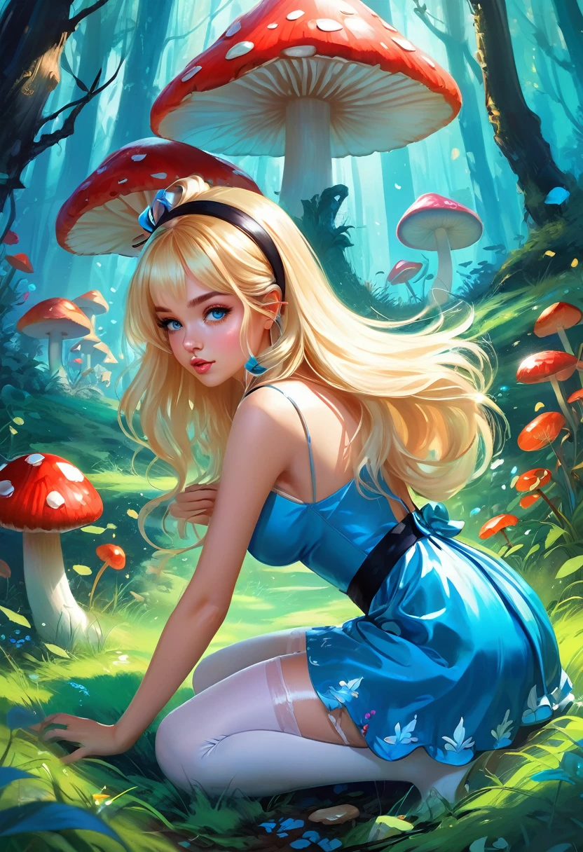 une belle femme blonde de 20 ans avec de gros cheveux en désordre dans une robe bleue, bas blancs, bandeau noir, clivage, se pencher pour attraper un champignon brillant sur le sol herbeux de la forêt, coup de dos, butin, style artistique fantastique, rossdraws dessin animé dynamique, Alice X. Zhang, Alice au pays des merveilles cyberpunk, joli art numérique détaillé, colorfull Art fantastique numérique, Art fantastique numérique ), peinture numérique brillante, rossdraws pastel vibrant, rossdessine 2. 5, rossdessine 1. 0