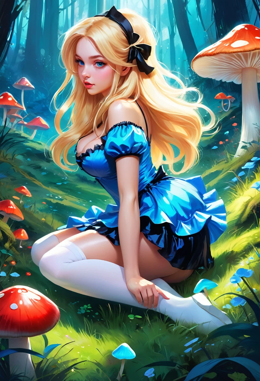 une belle femme blonde de 20 ans avec de gros cheveux en désordre dans une robe bleue, bas blancs, bandeau noir, clivage, se pencher pour attraper un champignon brillant sur le sol herbeux de la forêt, coup de dos, butin, style artistique fantastique, rossdraws dessin animé dynamique, Alice X. Zhang, Alice au pays des merveilles cyberpunk, joli art numérique détaillé, colorfull Art fantastique numérique, Art fantastique numérique ), peinture numérique brillante, rossdraws pastel vibrant, rossdessine 2. 5, rossdessine 1. 0