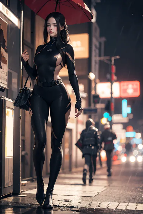 (((Browsing Caution:0.9)))，Large Breasts，Tight waist，(Sexy Body)，Rainy night,city,A beautiful woman with gal makeup wearing a sp...