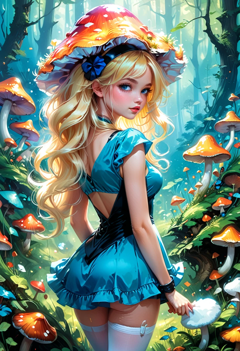 une belle femme blonde de 20 ans avec de gros cheveux en désordre dans une robe bleue, bas blancs, bandeau noir, clivage, se pencher pour attraper un champignon brillant sur le sol herbeux de la forêt, coup de dos, butin, style artistique fantastique, rossdraws dessin animé dynamique, Alice X. Zhang, Alice au pays des merveilles cyberpunk, joli art numérique détaillé, colorfull Art fantastique numérique, Art fantastique numérique ), peinture numérique brillante, rossdraws pastel vibrant, rossdessine 2. 5, rossdessine 1. 0