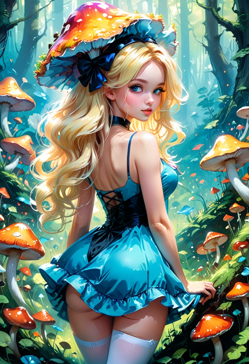 une belle femme blonde de 20 ans avec de gros cheveux en désordre dans une robe bleue, bas blancs, bandeau noir, clivage, se pencher pour attraper un champignon brillant sur le sol herbeux de la forêt, coup de dos, butin, style artistique fantastique, rossdraws dessin animé dynamique, Alice X. Zhang, Alice au pays des merveilles cyberpunk, joli art numérique détaillé, colorfull Art fantastique numérique, Art fantastique numérique ), peinture numérique brillante, rossdraws pastel vibrant, rossdessine 2. 5, rossdessine 1. 0