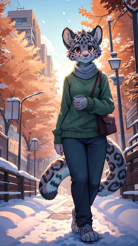 (very detailed illustration: 1.2), best quality, masterpiece, solo, natural lighting, An young anthro female snow leopard with b...