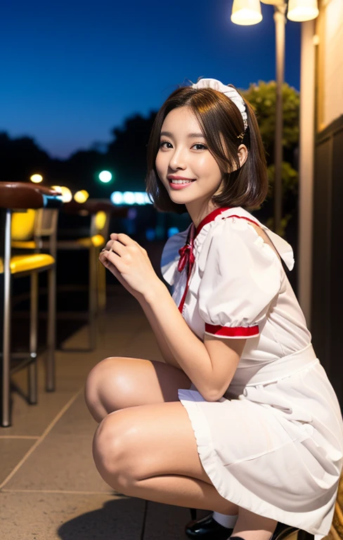 (An intellectual & beautiful A.I. assistant with a sky-blue maid outfit, arriving at Hill Valley in AD1955, squatting beside Lou's Cafe, ready to assist Marty Mcfly. She has a friendly body language, kind smile, positive vibes, full body shot, wearing high heels, red ribbon collar, long dress, short bob hair, squatting pose, family-friendly, masterpiece, bokeh background,(best quality,4k,8k,highres,masterpiece:1.2),ultra-detailed,(realistic,photorealistic,photo-realistic:1.37),detailed facial features,beautiful detailed eyes,beautiful detailed lips,extremely detailed face,longeyelashes,maid uniform,maid cafe interior,studio lighting,vivid colors,warm lighting) #CiciAi #BTTF #DeLorean #TimeMachine