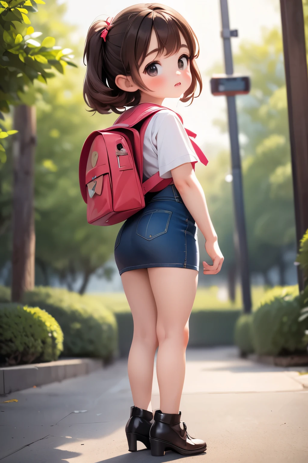 masterpiece, highest quality, Official Art, 8k wallpaper, Very detailed, figure, Small 1 person girl cute, Brown Hair, Wide Hips, Big Ass, Round ass, wear high heels, Tight pencil skirt, Sailor Top, Backpack, Are standing, From the side, From the back, surprised.