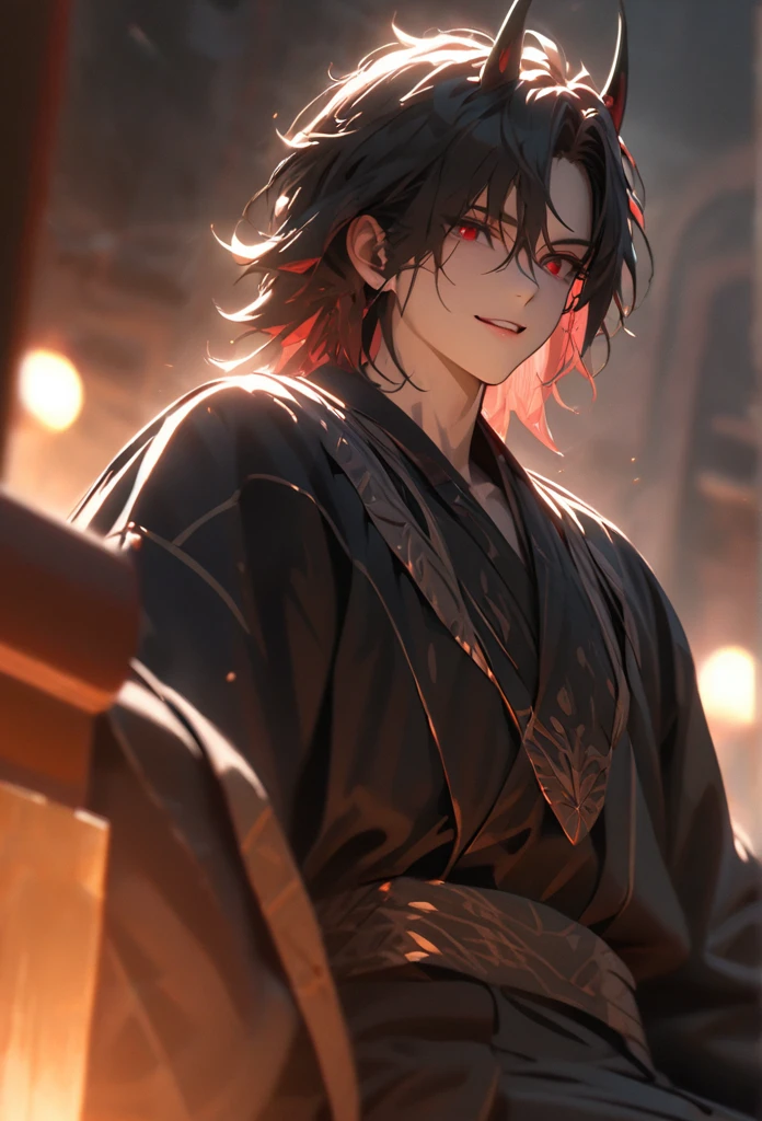 (solo), masculine, black hair, messy hair, mane hair, short hair, dense hair, wild hair, expressive hair, mature,(25 year old), pale skin, red eyes, ((man)), wearing a black robe, black demon horns,, Smiling, showing anime teeth, handsome, attractive, eye reflection, depth of field, thunder aura,cinematic lighting, ray tracing, depth of field, cinematic lighting, ray tracing, UHD, high details, best quality, highres, high quality, award winning, super detail, masterpiece, 8k, UHD, high details, best quality, highres, high quality, award winning, super detail, masterpiece, 8k, digital art, anime coloring, full body, body shot, good face, perfect face, detailed face, good eyes, sitting on a throne