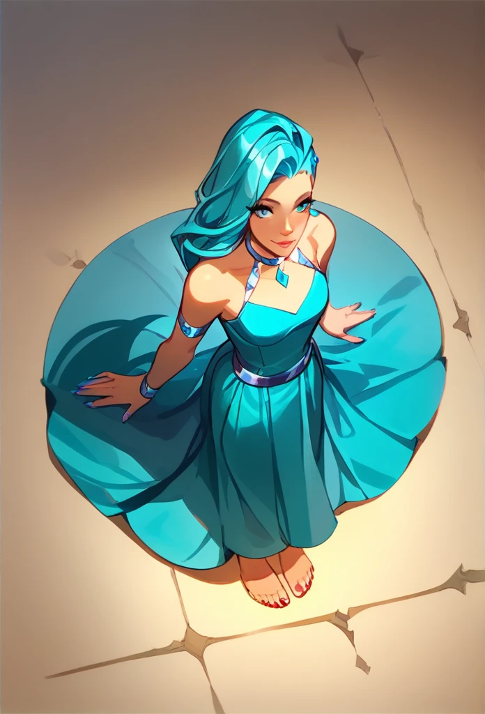 ((Full body photo, standing, feet on the ground)) score_9, score_8_above, score_7_above, score_6_above, score_5_above, score_4_above, 1 girl, Seraphina (kda), bright blue hair, colored dress. And the image is seen from the front and full body.