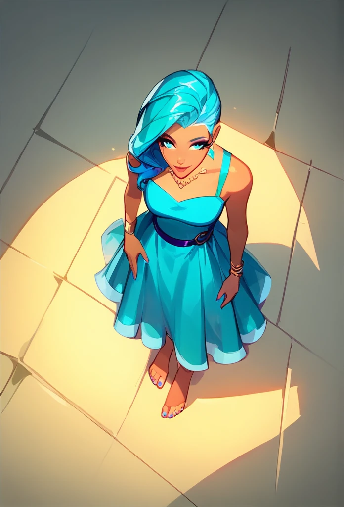 ((Full body photo, standing, feet on the ground)) score_9, score_8_above, score_7_above, score_6_above, score_5_above, score_4_above, 1 girl, Seraphina (kda), bright blue hair, colored dress. And the image is seen from the front and full body.