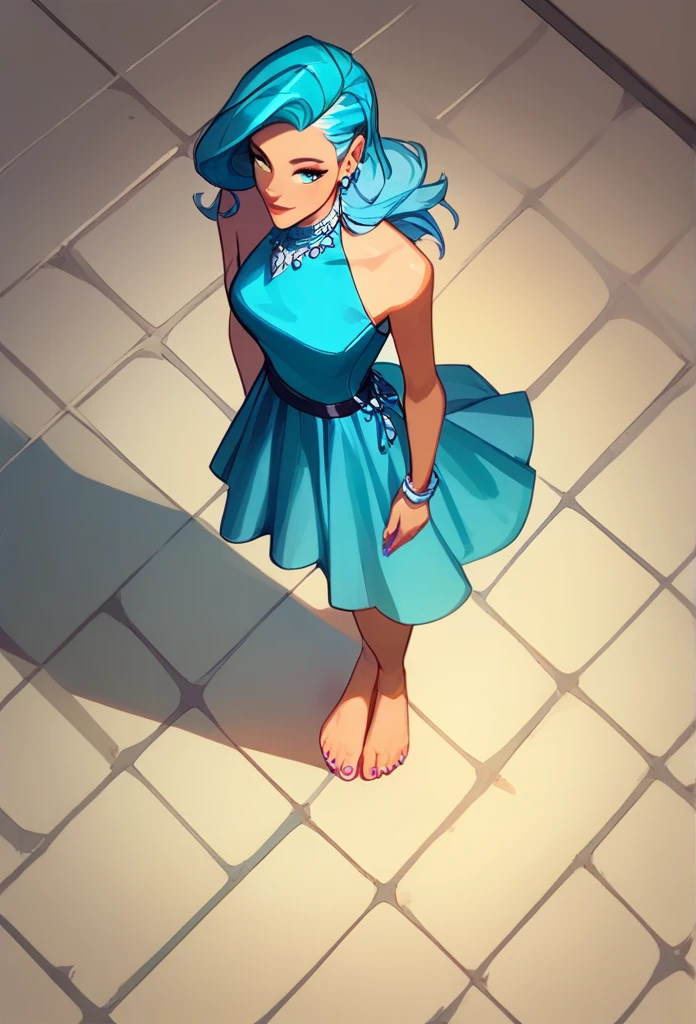 ((Full body photo, standing, feet on the ground)) score_9, score_8_above, score_7_above, score_6_above, score_5_above, score_4_above, 1 girl, Seraphina (kda), bright blue hair, colored dress. And the image is seen from the front and full body.