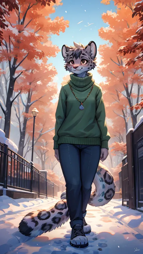 (very detailed illustration: 1.2), best quality, masterpiece, solo, natural lighting, An young anthro female snow leopard with b...