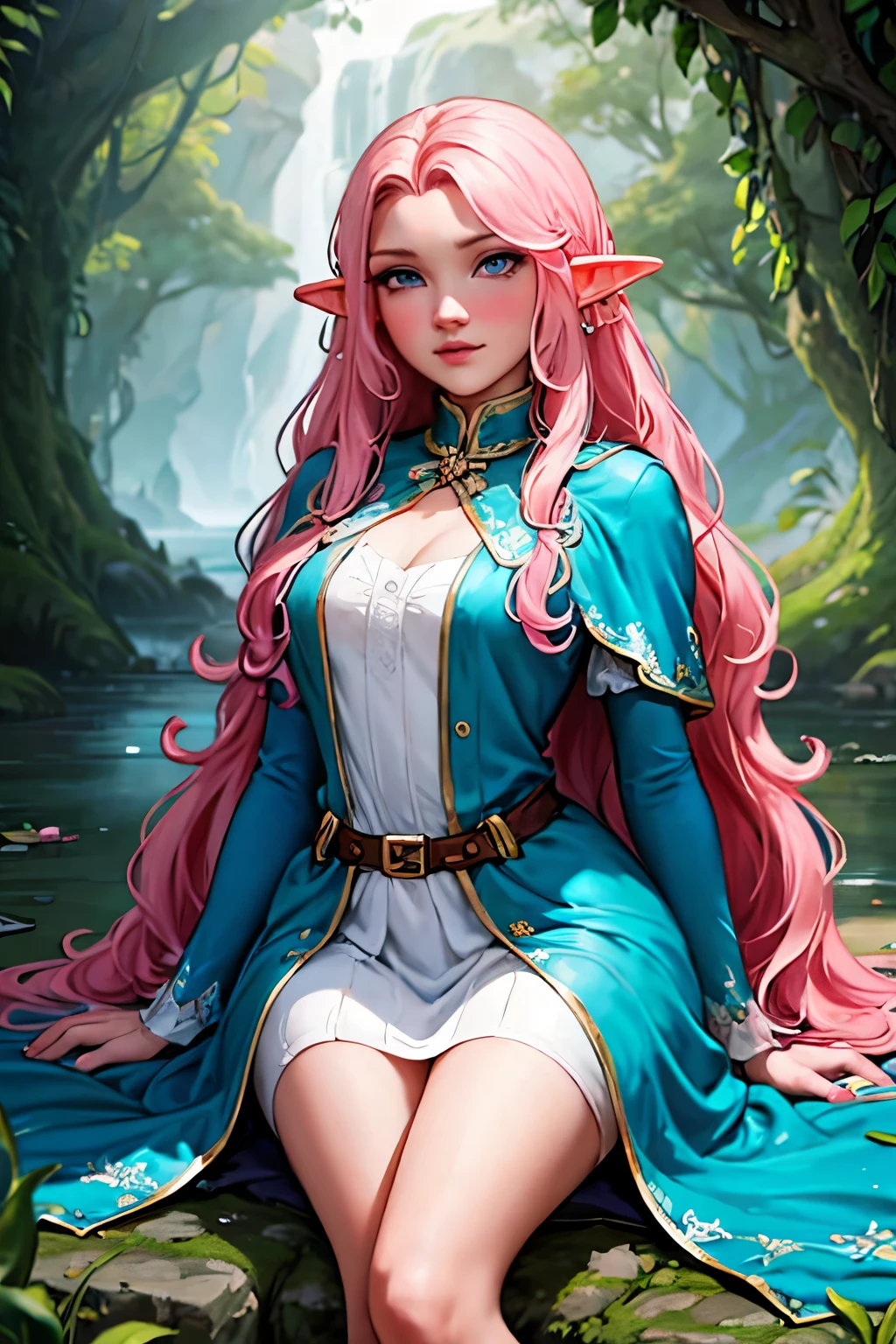 Woman, long wavy hair, pink hair, blue eyes, elf 