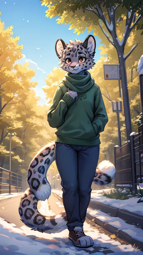 (very detailed illustration: 1.2), best quality, masterpiece, solo, natural lighting, An young anthro female snow leopard with b...