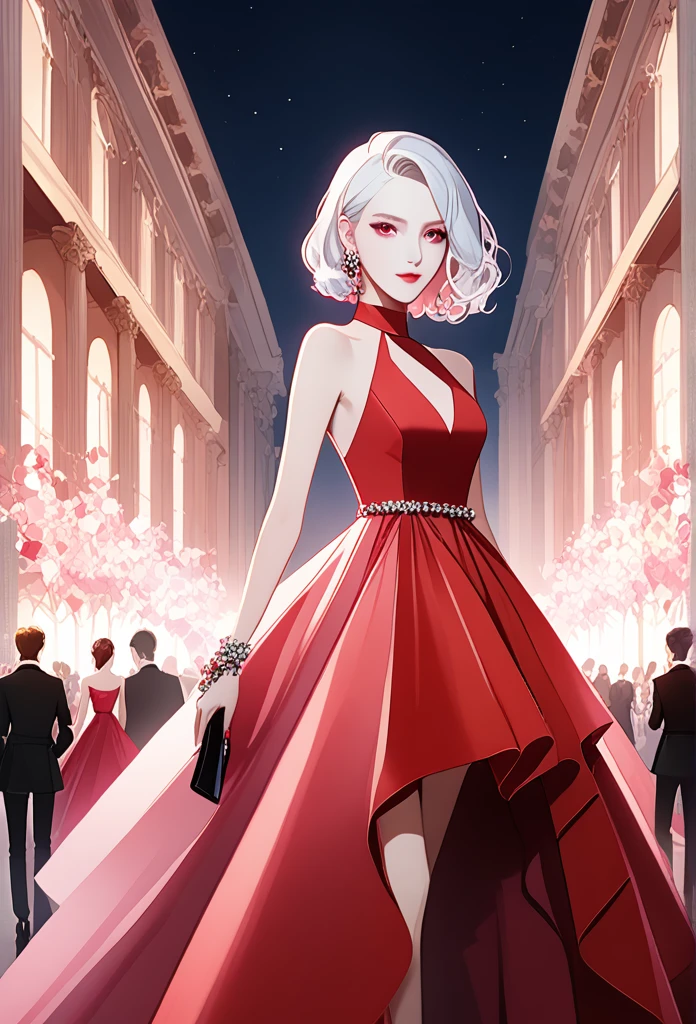 Woman about 25 years old,stylist and fashionista, white hair, pink eyes,Red dress, that the character is standing at a large party and that the entire character can be seen from the front 